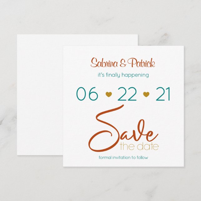 Invitation Enregistrer la date Bold Turquoise Rust Gold (Devant / Derrière)