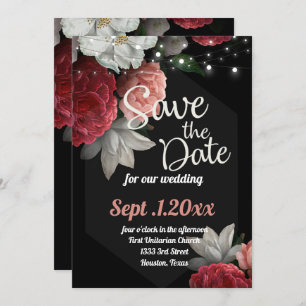 Invitation enregistrer la date Burgundy floral string light