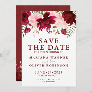 Invitation Enregistrer la date Burgundy Pink Aquarelle Floral