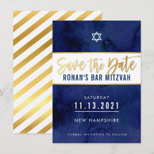 Invitation ENREGISTRER LA DATE couleur bleu foncé or type éto