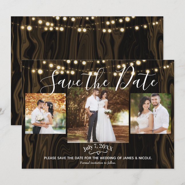 Invitation Enregistrer la date de Rustic Dark Wood & Lights P (Devant / Derrière)