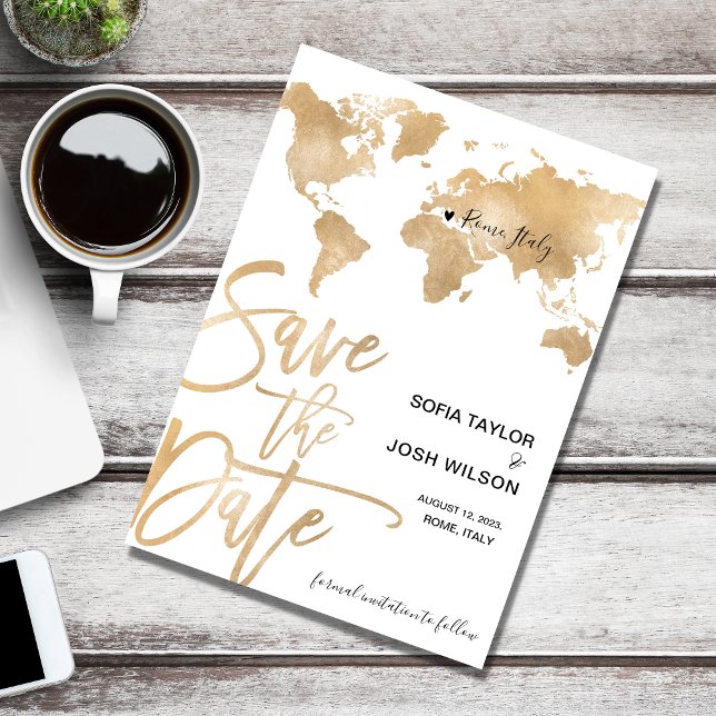 Invitation Enregistrer la date Destination World Map Gold Hea (Créateur téléchargé)