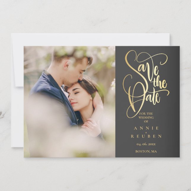 Invitation Enregistrer la date Elegant Chic Gold Script photo (Devant)