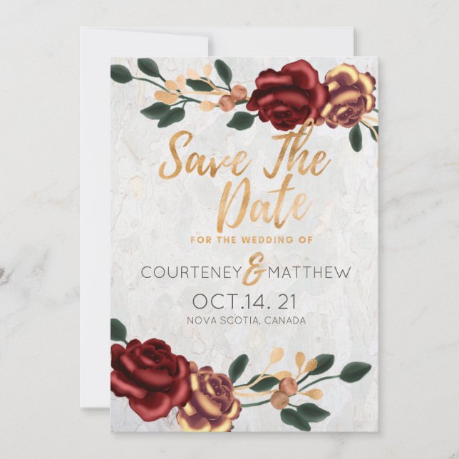 Invitation Enregistrer la date - Elegant Gold et Red Roses (Devant)