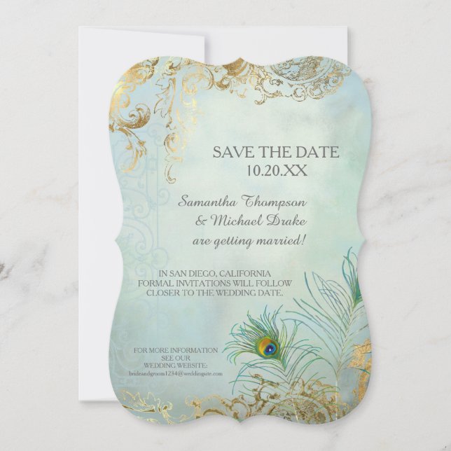 Invitation Enregistrer la date Gold Leaf Peacock Feather Eleg (Devant)