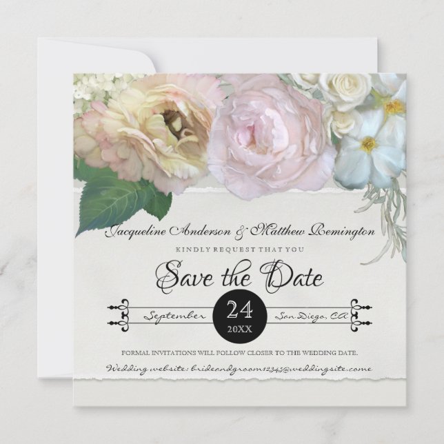 Invitation Enregistrer la date Gris Ombre Flowers Peony Roses (Devant)