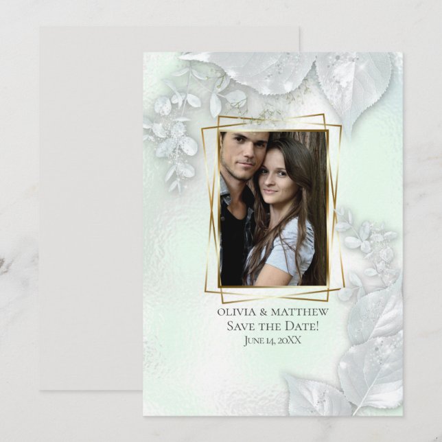 Invitation ENREGISTRER LA DATE | Honeydew Shimmery Feuilles (Devant / Derrière)