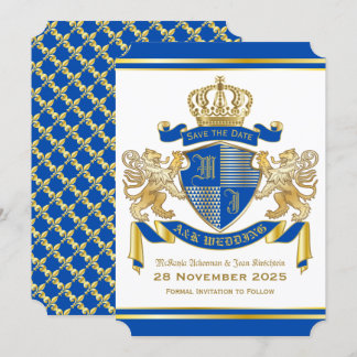 Invitation Enregistrer la date Manteau d'armoiries Blue Gold 