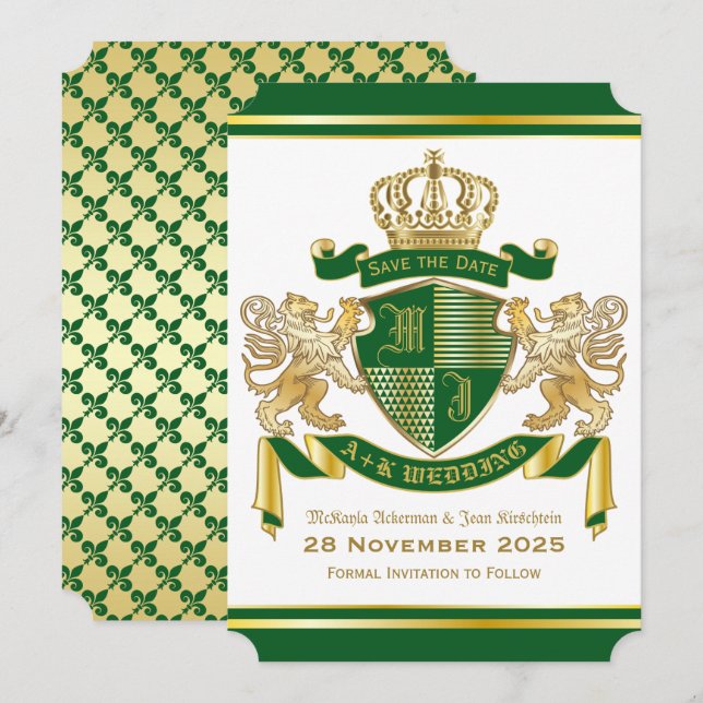 Invitation Enregistrer la date Manteau d'armoiries Green Gold (Devant / Derrière)