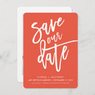 Invitation ENREGISTRER LA DATE manuscrite script orange blanc