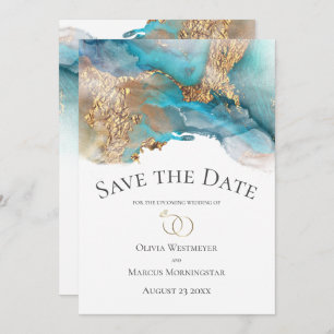 Invitation Enregistrer la date Marbre d'encre Turquoise et Or