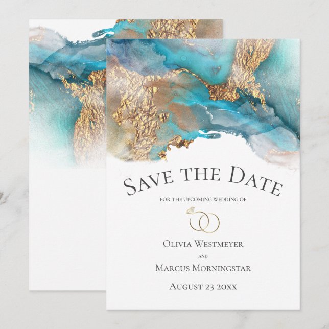 Invitation Enregistrer la date Marbre d'encre Turquoise et Or (Devant / Derrière)