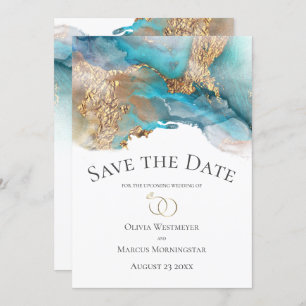 Invitation Enregistrer la date Marbre d'encre Turquoise et Or