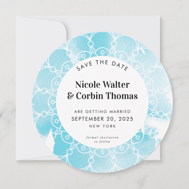 Invitation ENREGISTRER LA DATE moderne boho mandala aqua aqua (Devant)