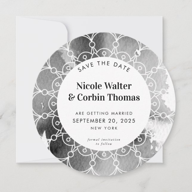 Invitation ENREGISTRER LA DATE moderne boho mandala gris aqua (Devant)