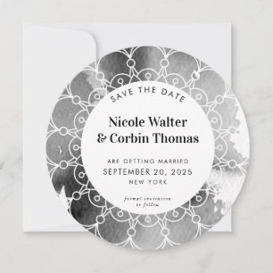 Invitation ENREGISTRER LA DATE moderne boho mandala gris aqua
