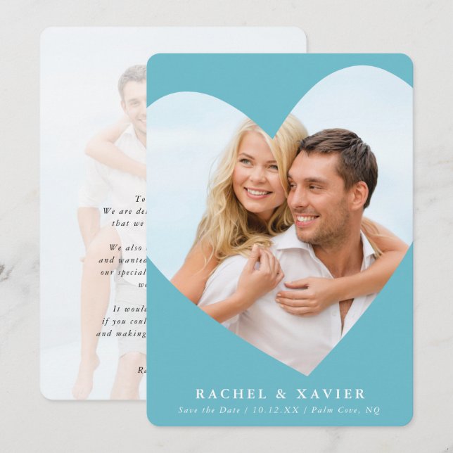 Invitation ENREGISTRER LA DATE moderne photo cadre coeur turq (Devant / Derrière)