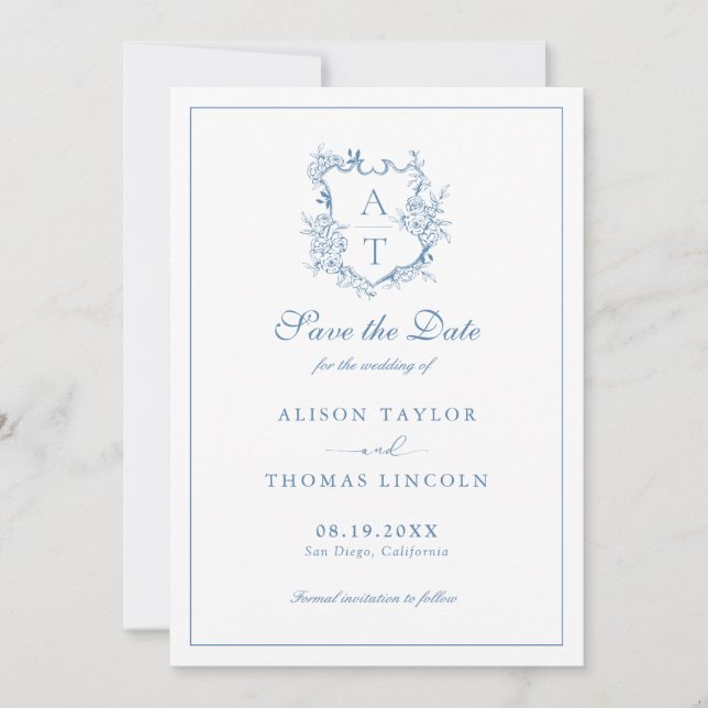 Invitation Enregistrer La Date Monogram Crest Vibrant Blue Ca (Devant)