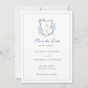 Invitation Enregistrer La Date Monogram Crest Vibrant Blue Ca