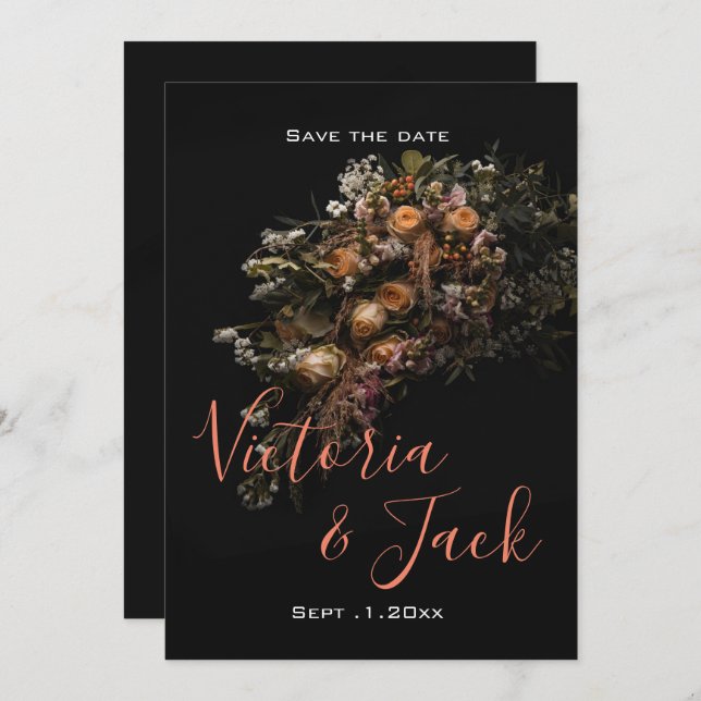 Invitation enregistrer la date moody floral, orange white flo (Devant / Derrière)