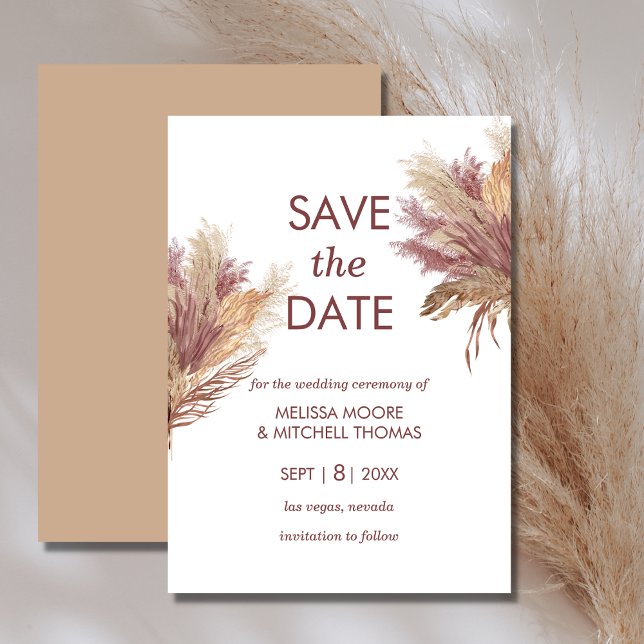 Invitation Enregistrer la date pampas élégance boho mauve ros (Créateur téléchargé)