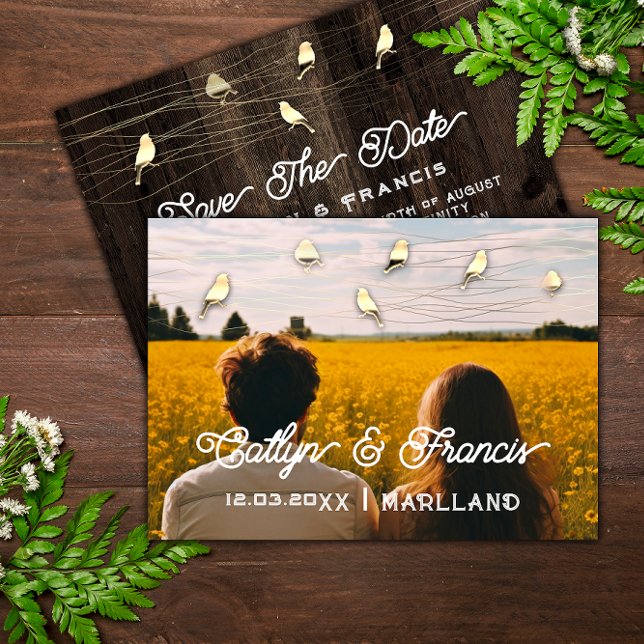 Invitation Enregistrer La Date Photo Gold Wood Country Bird B (Save The Date Photo Gold Wood Country Bird Budget Invitation)