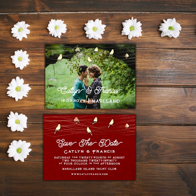 Invitation Enregistrer La Date Photo Oiseaux D'Or Kraft Digit (Save The Date Photo Golden Birds Kraft Digital Red Invitation)