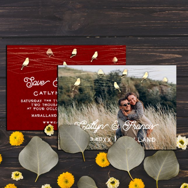 Invitation Enregistrer La Date Photo Pays Oiseaux D'Or Kraft (Save The Date Photo Country Golden Birds Kraft Invitation)