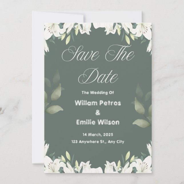 Invitation Enregistrer la date pour un Mariage vert olive (Devant)
