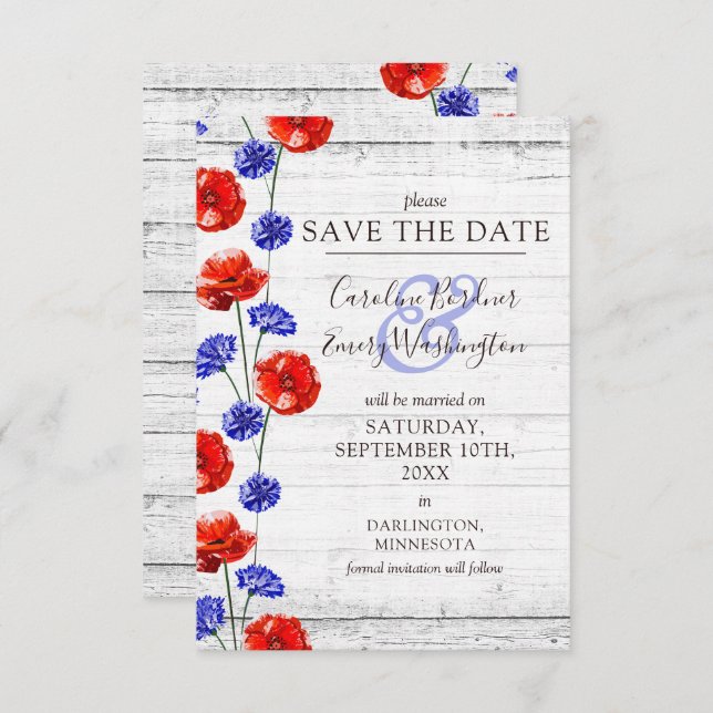 Invitation Enregistrer la date Rustic Wood Red Poppy Floral C (Devant / Derrière)