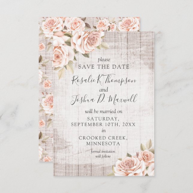 Invitation Enregistrer la date Rustic Wood & Romantic Rose Ca (Devant / Derrière)