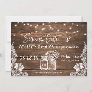 Invitation Enregistrer la date rustique Pots Mason, Dentell