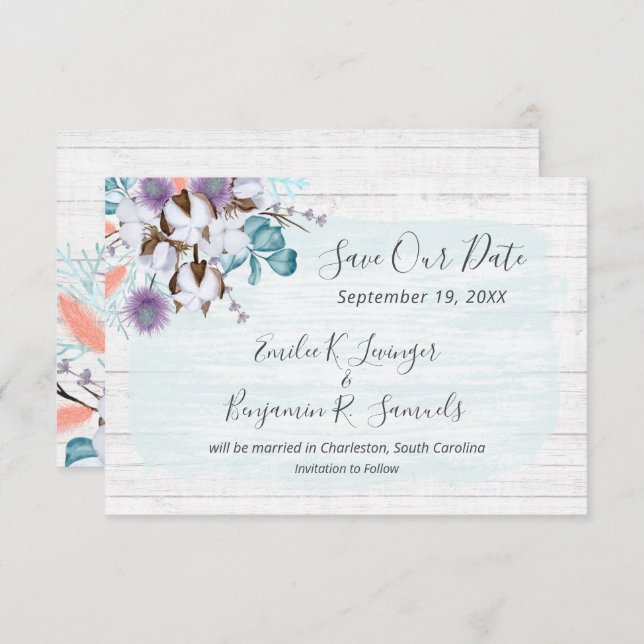 Invitation Enregistrer la date Southern Cotton Mariage campag (Devant / Derrière)