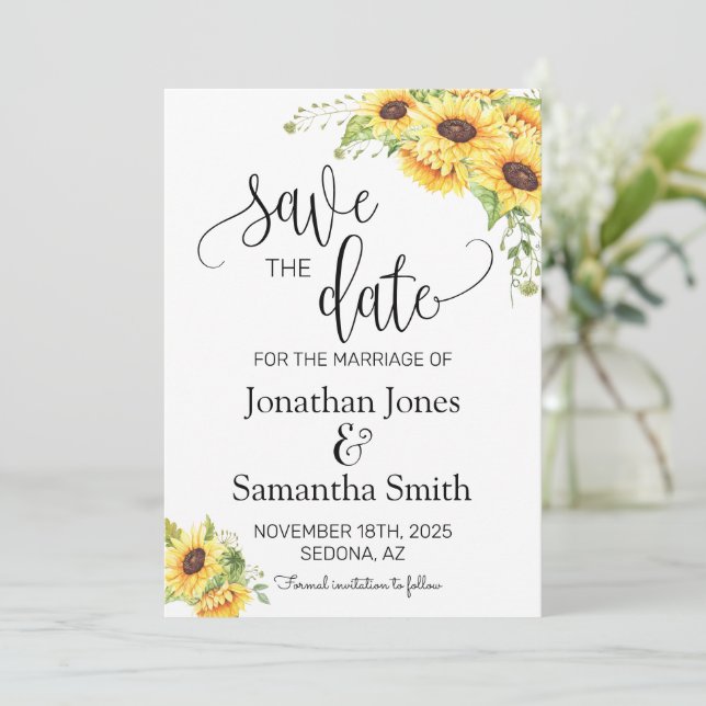 Invitation Enregistrer la date Sunflower Floral Boho Chic Mar (Debout devant)