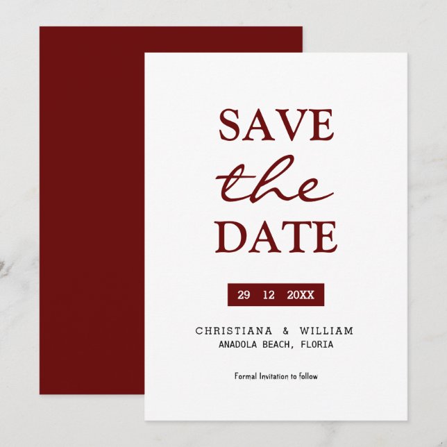 Invitation ENREGISTRER LA DATE' Texte simple rouge burgundy (Devant / Derrière)