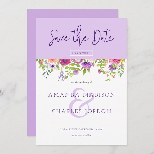 Invitation Enregistrer la date typographie moderne & Fleurs c (Devant / Derrière)