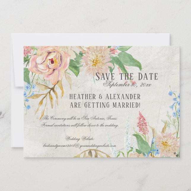 Invitation Enregistrer la photo Aquarelle Boho Marbre Floral (Devant)