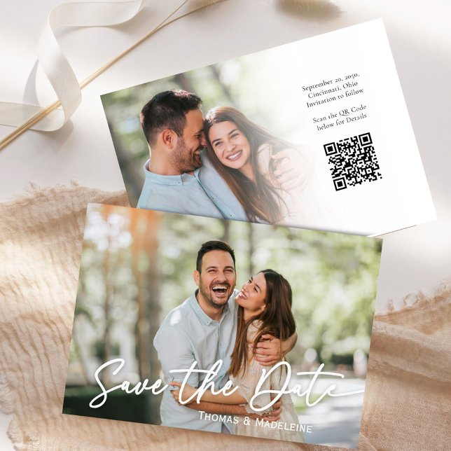Invitation Enregistrer la photo du script de calligraphie Mar (Save the date photo card template with a scannable QR Code. )