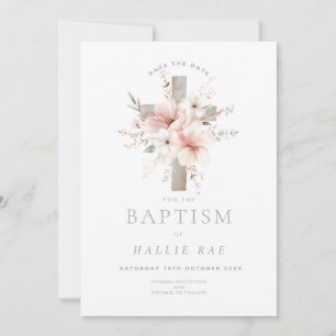 Invitation Enregistrer le baptême de date, élégant rose flora