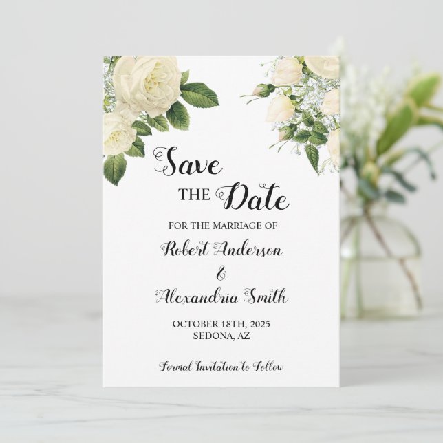 Invitation Enregistrer les fleurs blanches du Mariage Date (Debout devant)