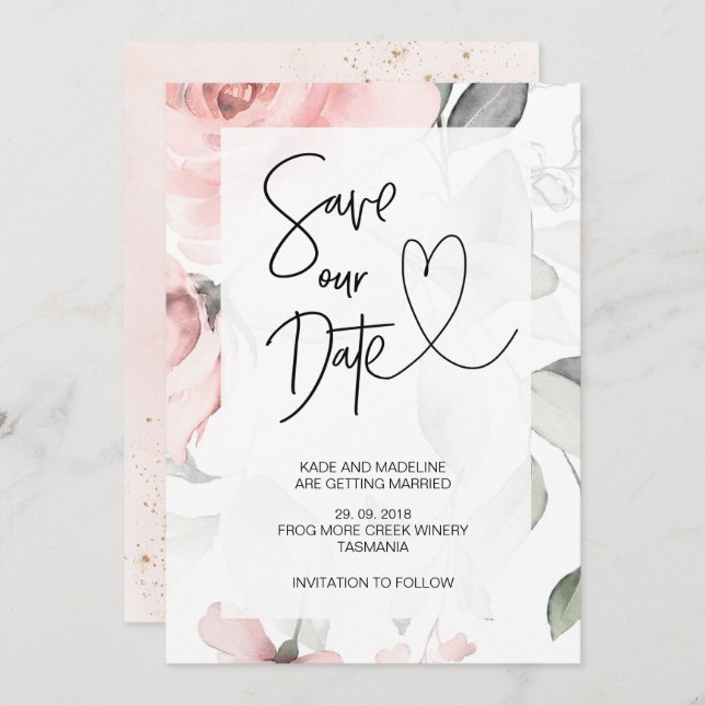 Invitation Enregistrer Notre Date Joli Rose Floral Mariage Él (Devant / Derrière)