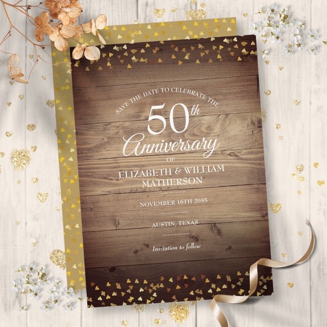 Invitation Enregistrez la date 50e anniversaire de mariage Cœ (Save the Date 50th Anniversary Rustic Gold Hearts Invitation)