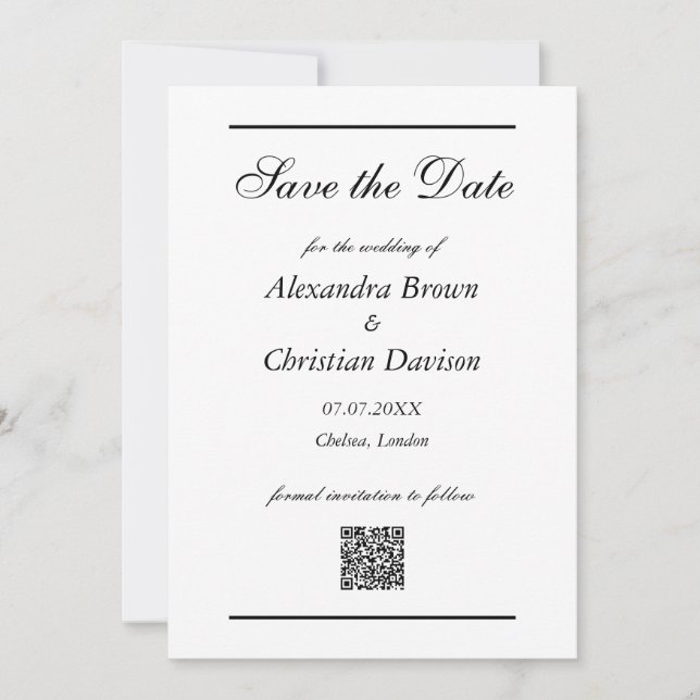 Invitation Enregistrez la date de mariage simple code QR et a (Devant)