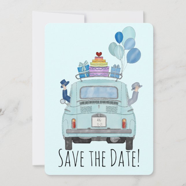 Invitation Enregistrez la Date Gay Couple dans Fiat 500. (Devant)