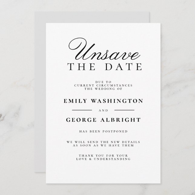 Invitation Enregistrez la date Mariage élégant reporté (Devant / Derrière)
