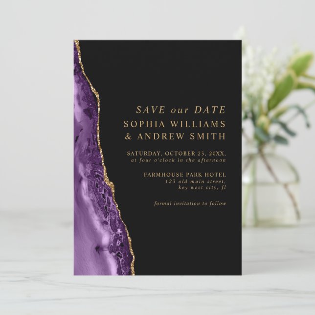 Invitation Enregistrez la date Violet & Or (Debout devant)