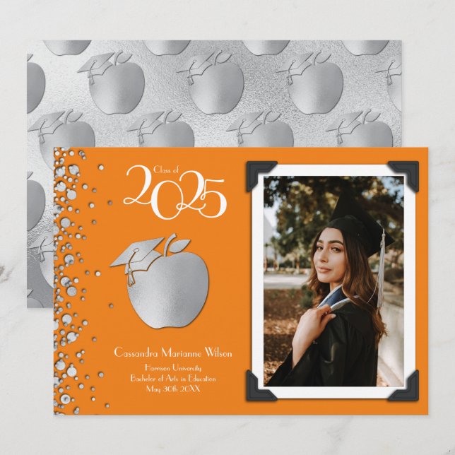 Invitation Enseignant Éducation Argent Diplôme Orange (Devant / Derrière)