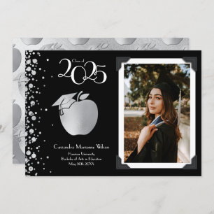 Invitation Enseignant Éducation Silver Graduation Noir