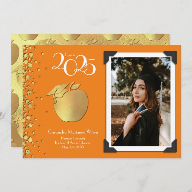 Invitation Enseignant Formation Gold Graduation Orange (Devant / Derrière)