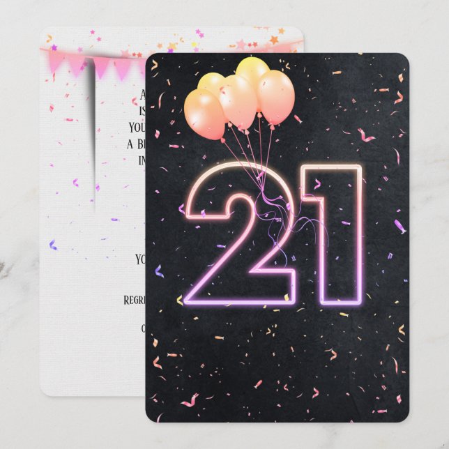 Invitation Enseigne au néon pour 21e anniversaire sur invitat (Devant / Derrière)